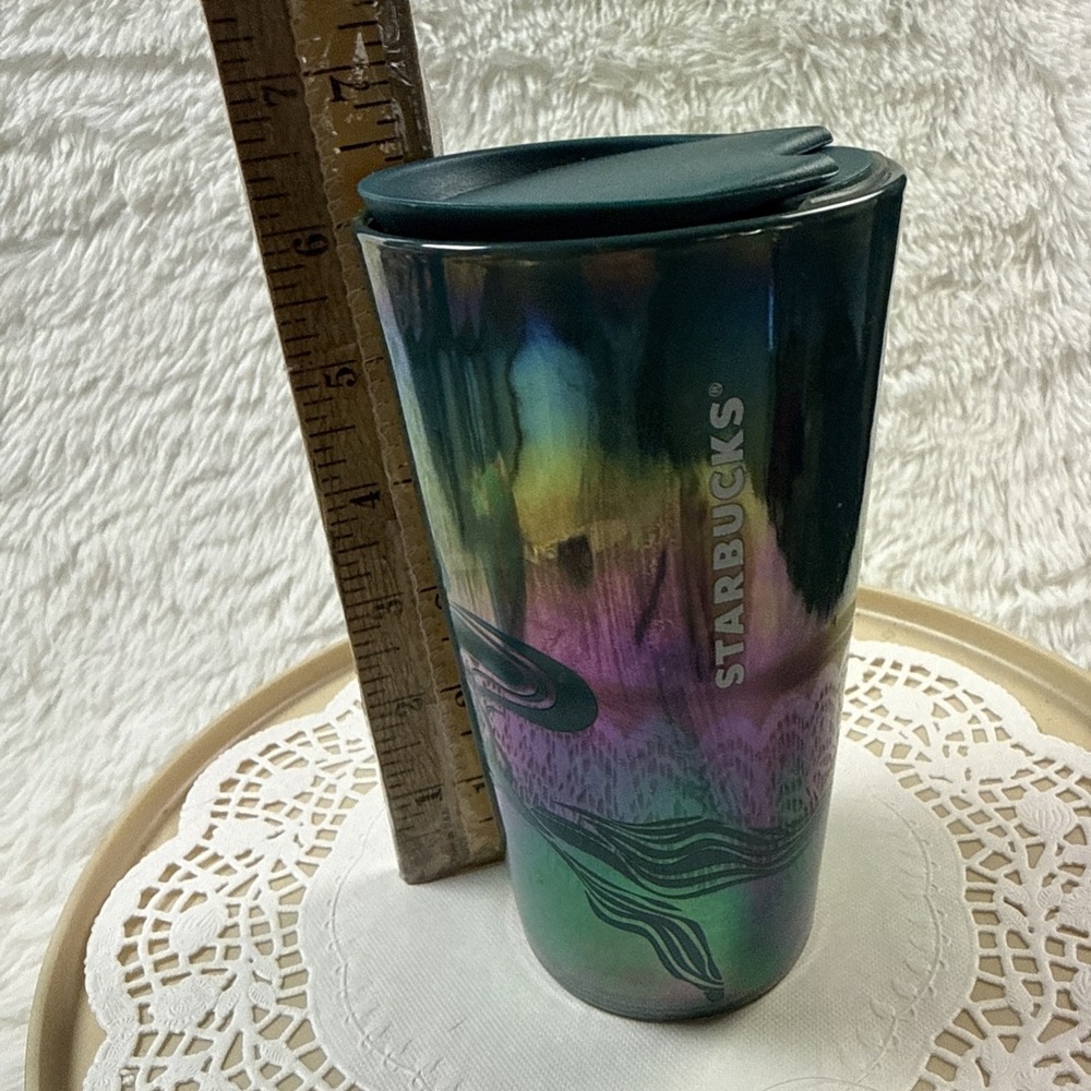 Starbucks 2023 Teal Blue Iridescent Siren Mermaid Ceramic Travel Tumbler Cup Lid - Picture 8 of 11